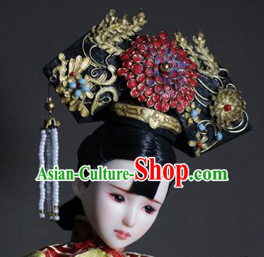 Chinese Ancient Palace Queen Red Peony Phoenix Headwear Traditional Qing Dynasty Manchu Empress Hair Accessories for Women