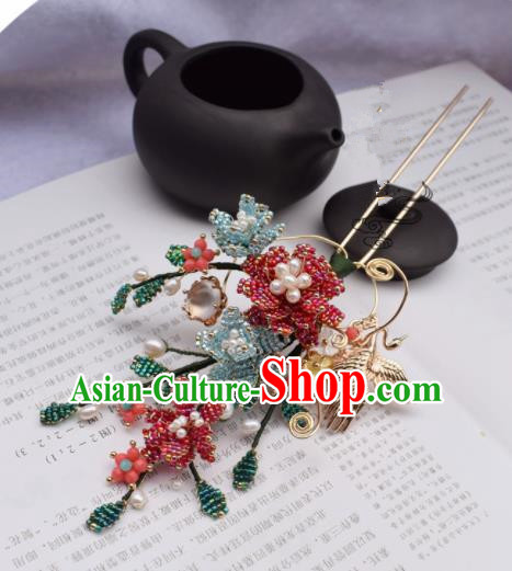 Chinese Ancient Princess Palace Beads Flowers Hairpins Traditional Handmade Hanfu Hair Accessories for Women