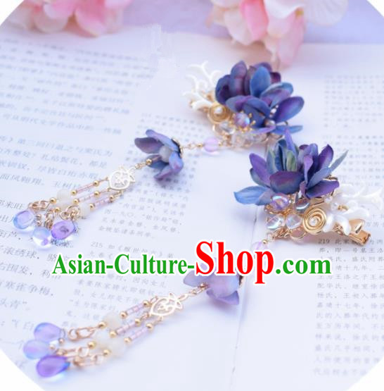 Chinese Ancient Princess Palace Blue Flowers Shell Hair Claws Hairpins Traditional Handmade Hanfu Hair Accessories for Women