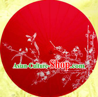 Handmade Chinese Traditional Wedding Umbrellas Ancient Printing Plum Blossom Red Oiled Paper Umbrella