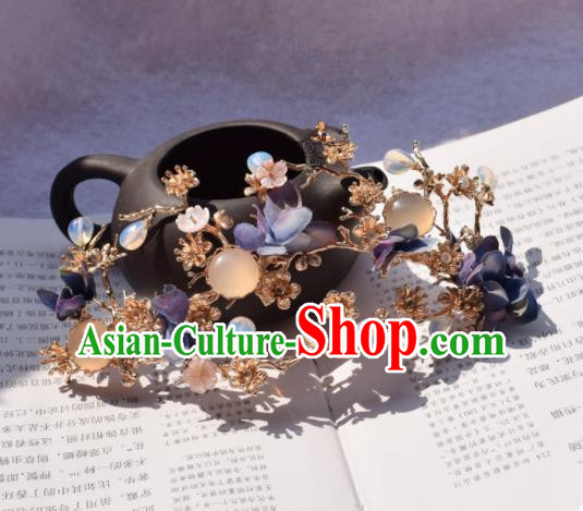 Chinese Ancient Princess Palace Purple Flowers Hair Crown Hairpins Traditional Handmade Hanfu Hair Accessories for Women