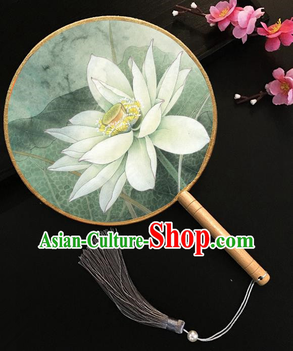Chinese Handmade Classical Palace Fans Printing Lotus Green Silk Round Fan for Women
