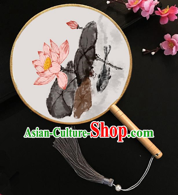 Chinese Handmade Classical Palace Fans Ink Painting Lotus Silk Round Fan for Women