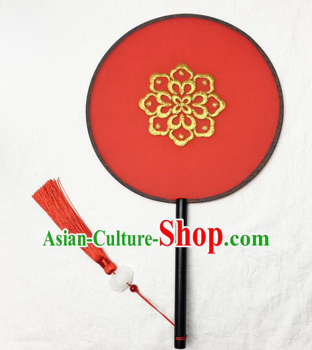 Chinese Handmade Classical Palace Fans Traditional Embroidered Red Silk Round Fan for Women