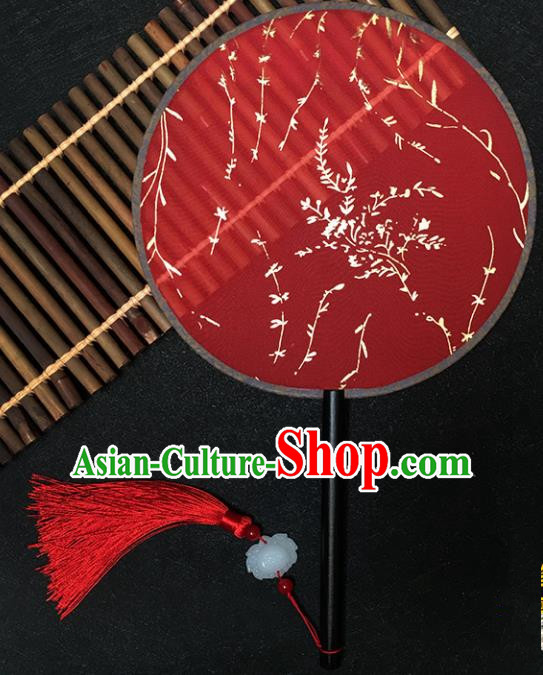 Chinese Handmade Classical Palace Fans Traditional Gilding Willow Red Silk Round Fan for Women