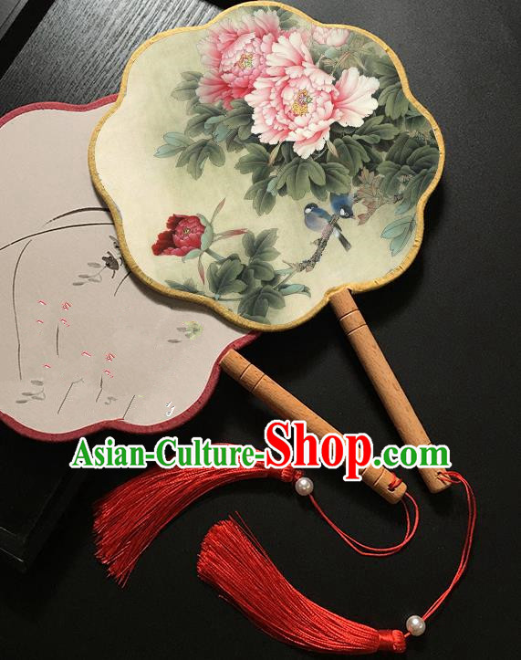 Chinese Handmade Classical Palace Fans Traditional Printing Peony Flowers Hanfu Fan for Women