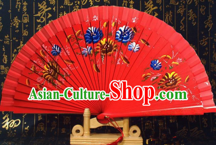 Chinese Handmade Classical Folding Fans Printing Rose Red Wood Accordion Fan for Women