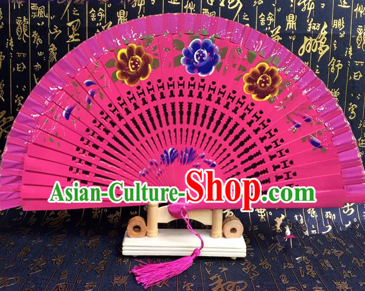 Chinese Handmade Classical Folding Fans Printing Flowers Rosy Wood Accordion Fan for Women