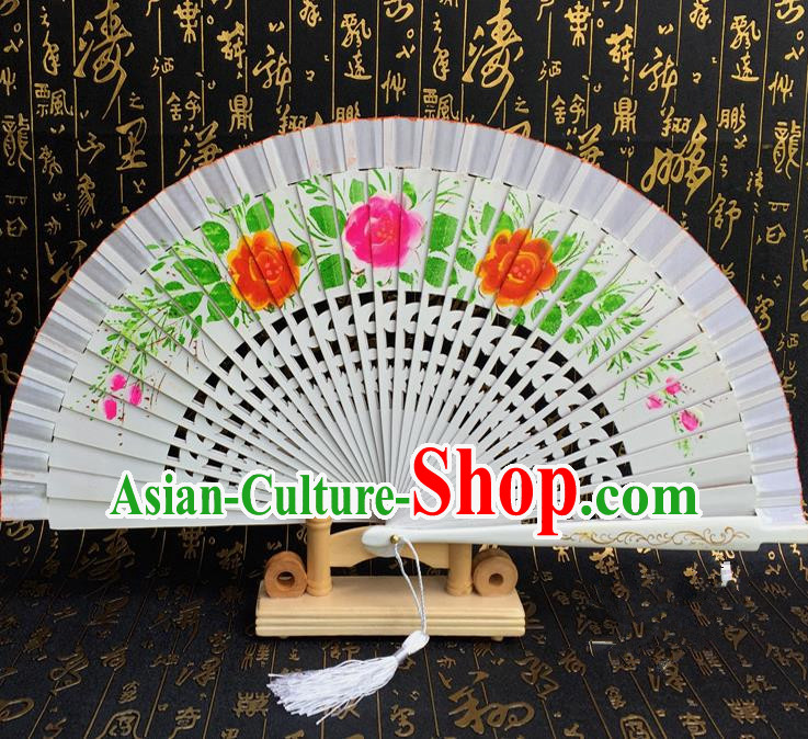 Chinese Handmade Classical Folding Fans Printing Flowers Wood White Accordion Fan for Women