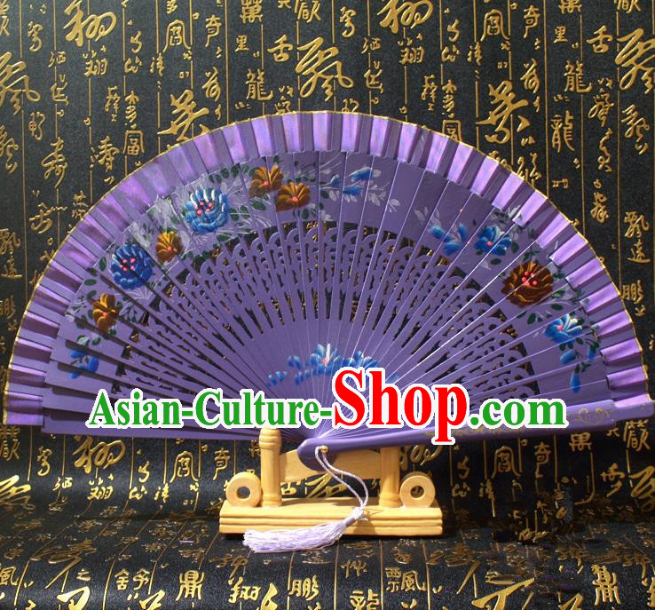 Chinese Handmade Classical Folding Fans Printing Flowers Wood Purple Silk Accordion Fan for Women