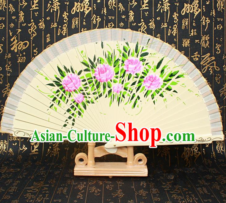 Chinese Handmade Classical Folding Fans Printing Flowers Wood Beige Silk Accordion Fan for Women