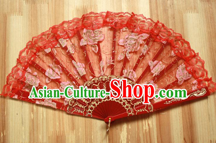 Chinese Handmade Folk Dance Red Lace Rose Folding Fans Classical Accordion Fan for Women
