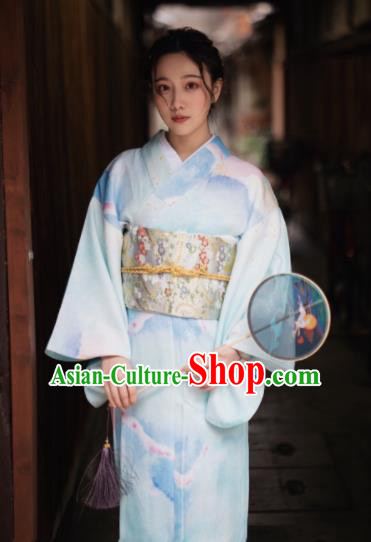 Japanese Handmade Light Blue Kimono Costume Japan Traditional Yukata Dress for Women