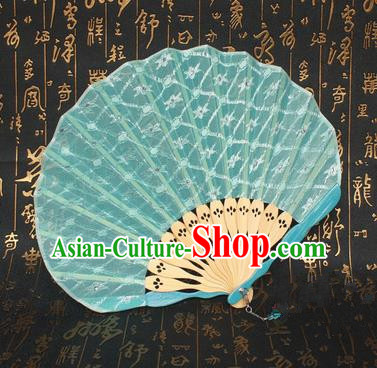 Chinese Handmade Classical Folding Fans Folk Dance Green Lace Accordion Fan for Women