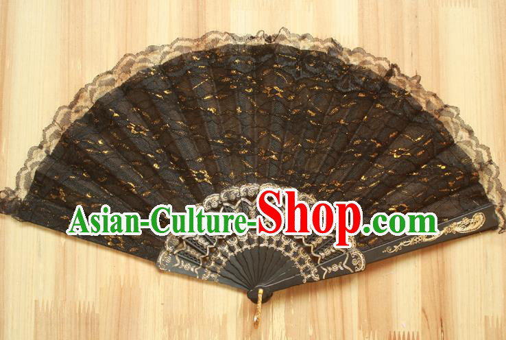 Chinese Handmade Classical Black Lace Folding Fans Folk Dance Accordion Fan for Women