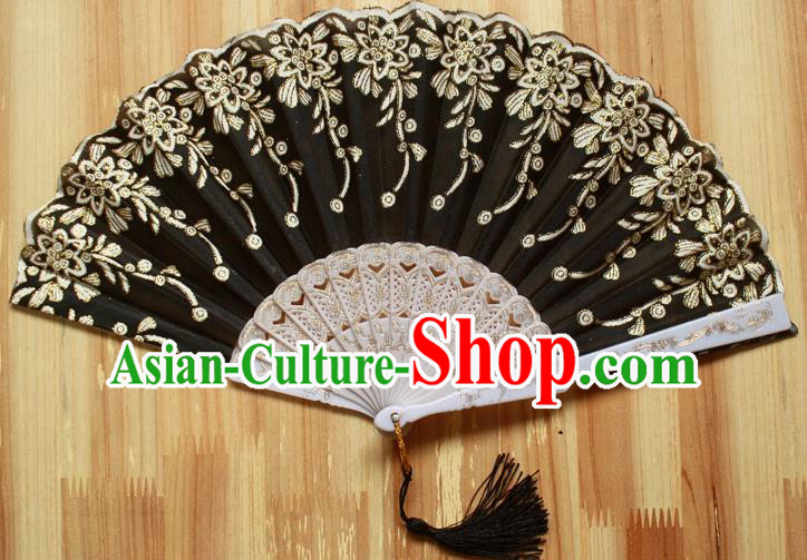 Chinese Handmade Classical Black Folding Fans Folk Dance Accordion Fan for Women