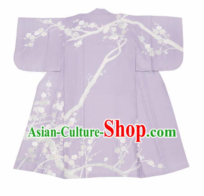 Japanese Handmade Printing Sakura Light Purple Kimono Costume Japan Traditional Yukata Dress for Women