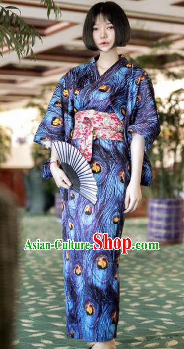 Japanese Handmade Printing Navy Blue Kimono Japan Traditional Yukata Dress Costume for Women
