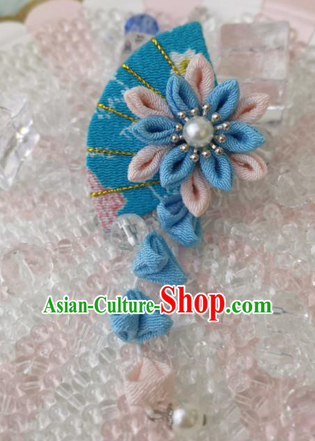 Japanese Handmade Kimono Blue Fan Hair Accessories Japan Traditional Tassel Hairpins for Women