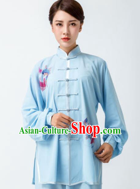 Chinese Traditional Tai Chi Printing Blue Costume Martial Arts Uniform Kung Fu Wushu Clothing for Women