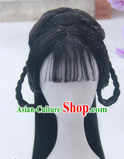 Handmade Chinese Ancient Peri Headpiece Chignon Traditional Hanfu Blunt Bangs Wigs Sheath for Women