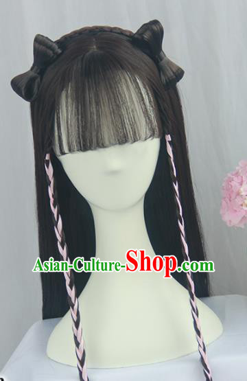 Handmade Chinese Ancient Young Lady Headpiece Blunt Bangs Chignon Traditional Hanfu Wigs Sheath for Women