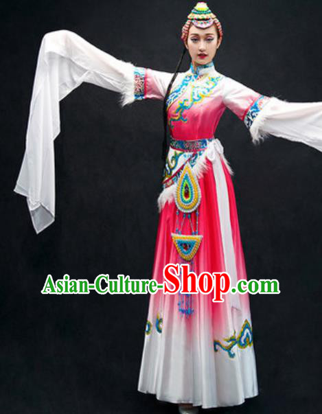 Chinese Zang Nationality Dance Costume Traditional Tibetan Bride Pink Dress Clothing for Women