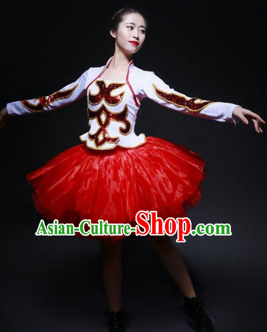 Chinese Modern Dance Stage Costume Traditional Opening Dance Red Bubble Dress for Women