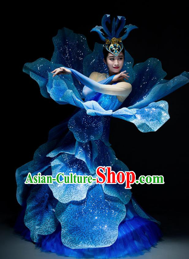Chinese Modern Dance Peony Dance Stage Costume Traditional Spring Festival Gala Opening Dance Royalblue Dress for Women