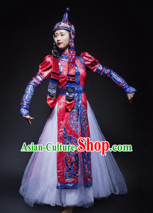 Chinese Traditional Mongol Nationality Ethnic Dance Costume Minority Princess Folk Dance Red Dress for Women