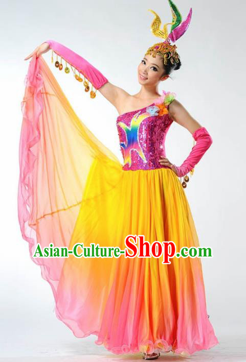 Chinese Modern Dance Stage Costume Traditional Spring Festival Gala Opening Dance Yellow Veil Dress for Women