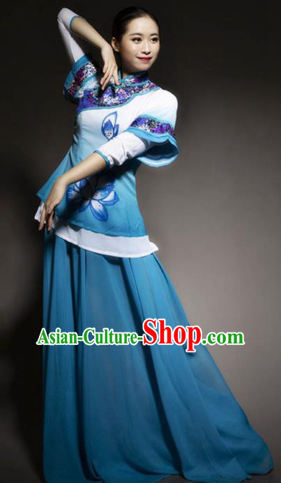 Chinese Classical Dance Blue Dress Traditional Umbrella Dance Stage Performance Costume for Women