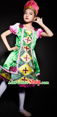 Russia Stage Performance Costume Traditional Folk Dance Green Dress for Kids