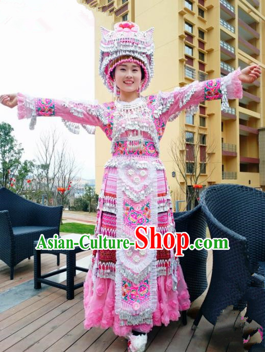 Traditional Chinese Minority Ethnic Folk Dance Pink Dress Miao Nationality Stage Performance Costume and Hat for Women