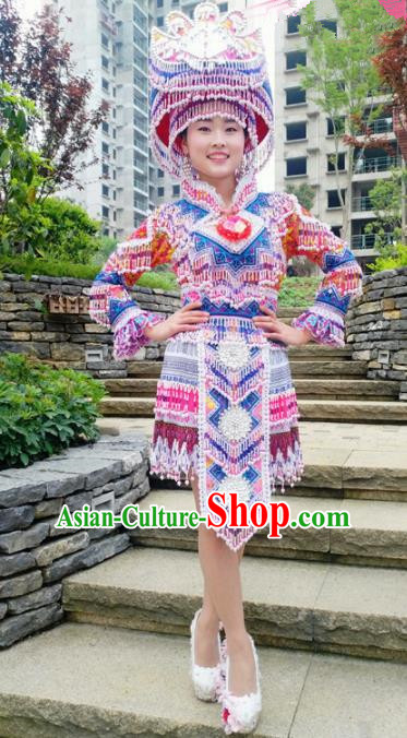 Traditional Chinese Minority Ethnic Folk Dance Embroidery Short Dress Miao Nationality Stage Performance Costume and Hat for Women