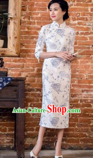 Chinese Traditional Tang Suit Costume National Cheongsam White Qipao Dress for Women