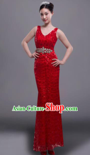 Top Grade Modern Fancywork Red Full Dress Modern Dance Compere Costume for Women
