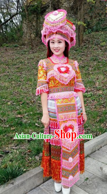 Chinese Traditional Miao Nationality Bride Red Dress Minority Ethnic Folk Dance Costume for Women