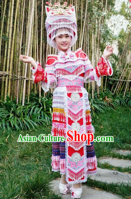 Traditional Chinese Miao Nationality Folk Dance Red Dress Minority Ethnic Wedding Stage Performance Costume for Women