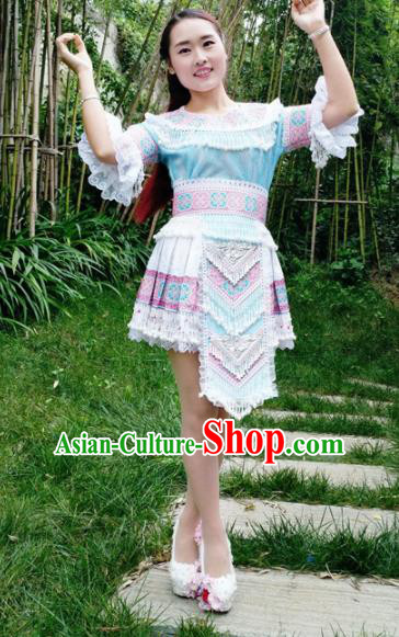 Traditional Chinese Miao Nationality Folk Dance Blue Short Dress Minority Ethnic Wedding Stage Performance Costume for Women