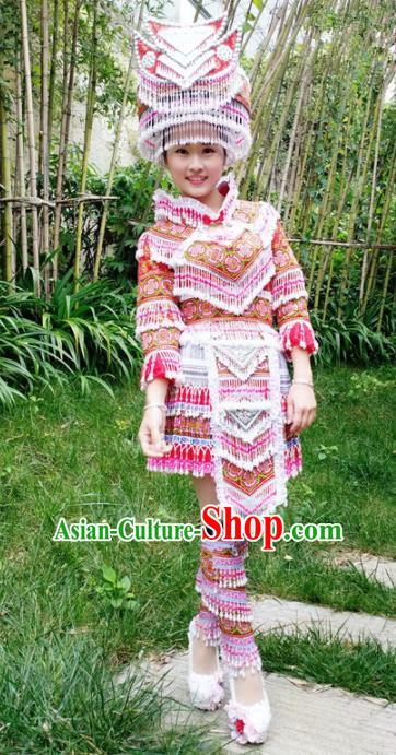 Traditional Chinese Miao Nationality Folk Dance Red Short Dress Minority Ethnic Wedding Stage Performance Costume for Women