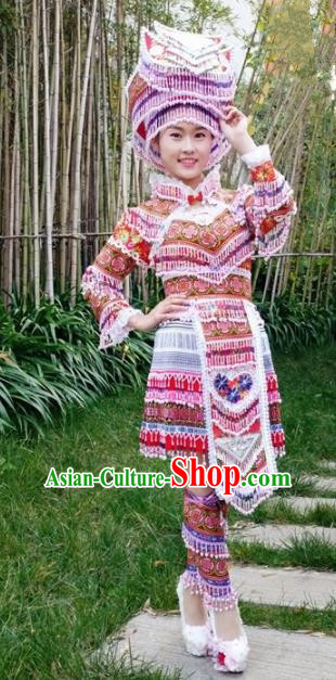 Chinese Traditional Miao Nationality Red Short Dress Minority Ethnic Folk Dance Costume for Women