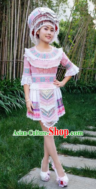 Traditional Chinese Miao Nationality Pink Short Dress Minority Ethnic Folk Dance Stage Performance Costume for Women