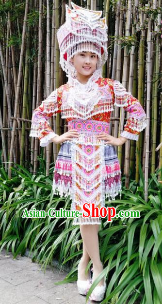 Traditional Chinese Miao Nationality Bride Red Short Dress Minority Ethnic Folk Dance Costume for Women