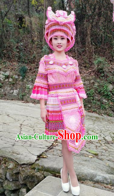 Traditional Chinese Miao Nationality Female Embroidered Pink Short Dress Minority Ethnic Folk Dance Stage Performance Costume for Women