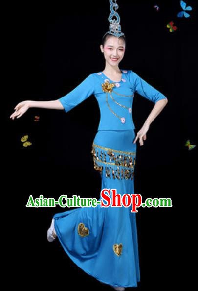 Traditional Chinese Minority Ethnic Peacock Dance Blue Dress Dai Nationality Stage Performance Costume for Women