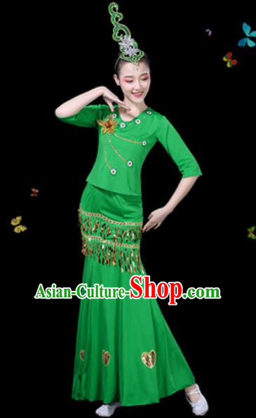 Traditional Chinese Minority Ethnic Peacock Dance Green Dress Dai Nationality Stage Performance Costume for Women