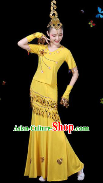 Traditional Chinese Minority Ethnic Peacock Dance Yellow Dress Dai Nationality Stage Performance Costume for Women