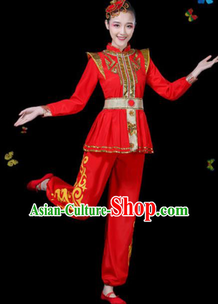 Traditional Chinese Group Dance Yangko Red Clothing Folk Dance Fan Dance Stage Performance Costume for Women