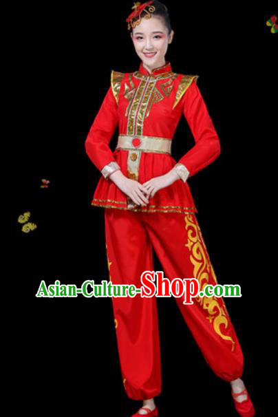 Traditional Chinese Group Dance Yangko Red Clothing Folk Dance Fan Dance Stage Performance Costume for Women